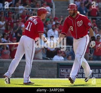 8. Juni 2013 - Washington, DC, USA - Washington Nationals dritter Baseman Ryan Zimmerman (11) schlägt sich mit dem rechten Feldspieler Jayson Werth (28) die Hände, nachdem Werth einen zwei-Lauf-Homerun vor den Minnesota Twins geschlagen hatte, der Pitcher Kevin Correia (30) während des vierten Inning im Nationals Park in Washington, D. C, Samstag, 8. Juni 2013. (Bild: © Harry E. Walker/MCT/ZUMAPRESS.com) Stockfoto