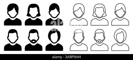 Dieses Bild zeigt eine vielfältige Sammlung menschlicher Silhouetten, die verschiedene Frisuren und Geschlechterdarstellungen in Schwarz-weiß zeigen. Ideal für d Stock Vektor