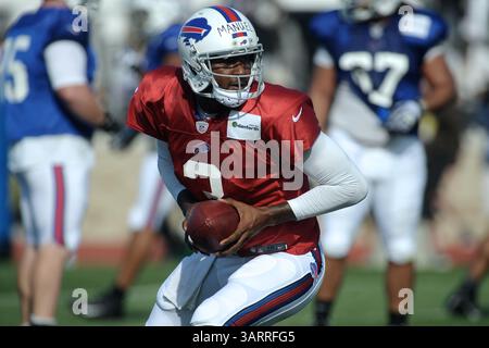 30. Juli 2013: Rochester, New York, USA S - Buffalo Bills Quarterback EJ MANUEL (3) fällt während eines morgendlichen Trainingslagers am St. John Fisher College in Rochester, NY, zurück in die Tasche (Bild: © Michael Johnson/ZUMAPRESS.com) Stockfoto