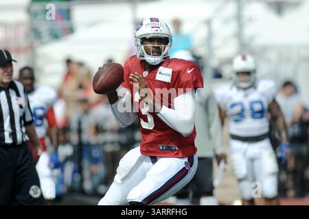 30. Juli 2013: Rochester, New York, USA S - Buffalo Bills Quarterback EJ MANUEL (3) wird während eines morgendlichen Trainingslagers am St. John Fisher College in Rochester, NY, in die Tasche geschickt (Bild: © Michael Johnson/ZUMAPRESS.com) Stockfoto