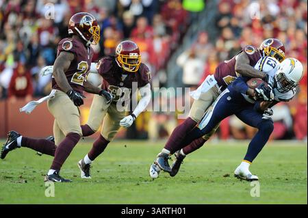 3. NOVEMBER 2013 : Washington Redskins Cornerback DeAngelo Hall (23) bekämpft den Breitempfänger Keenan Allen (13) der San Diego Chargers bei der Begegnung zwischen den San Diego Chargers und den Washington Redskins auf dem FedEx Field in Landover, MD. (Bild: © John Middlebrook/Cal Sport Media/ZUMAPRESS.com) Stockfoto