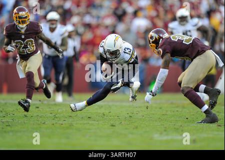 3. NOVEMBER 2013 : Washington Redskins kostenlose Sicherheit David Amerson (39) geht nach einem Empfang während des Matchups zwischen den San Diego Chargers und den Washington Redskins auf dem FedEx Field in Landover, MD, an den Wide Receiver von San Diego Chargers, Keenan Allen (13). (Bild: © John Middlebrook/Cal Sport Media/ZUMAPRESS.com) Stockfoto