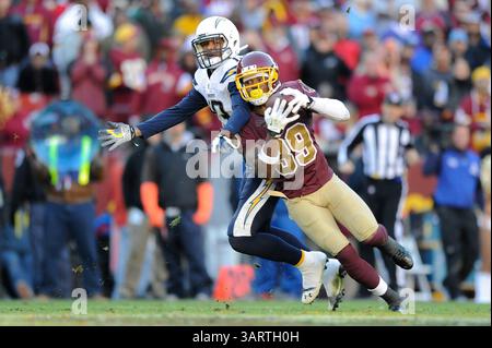 3. NOVEMBER 2013: Washington Redskins Free Safety David Amerson (39) fängt den Ball vor dem San Diego Chargers Wide Receiver Keenan Allen (13) ab, während der Begegnung zwischen den San Diego Chargers und den Washington Redskins auf dem FedEx Field in Landover, MD. (Bild: © John Middlebrook/Cal Sport Media/ZUMAPRESS.com) Stockfoto