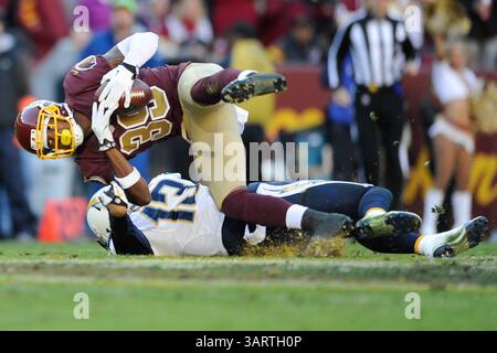 3. NOVEMBER 2013: Washington Redskins Free Safety David Amerson (39) fängt den Ball vor dem San Diego Chargers Wide Receiver Keenan Allen (13) ab, während der Begegnung zwischen den San Diego Chargers und den Washington Redskins auf dem FedEx Field in Landover, MD. (Bild: © John Middlebrook/Cal Sport Media/ZUMAPRESS.com) Stockfoto