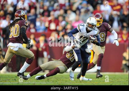 3. NOVEMBER 2013 : Washington Redskins starke Sicherheit Brandon Meriweather (31) bekämpft San Diego Chargers Wide Receivers Keenan Allen (13) während des Matchups zwischen den San Diego Chargers und den Washington Redskins auf dem FedEx Field in Landover, MD. (Bild: © John Middlebrook/Cal Sport Media/ZUMAPRESS.com) Stockfoto
