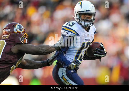 3. NOVEMBER 2013 : Washington Redskins Inside Linebacker London Fletcher (59) schiebt San Diego Chargers Wide Receiver Keenan Allen (13) während des Matchups zwischen den San Diego Chargers und den Washington Redskins im FedEx Field in Landover, MD. (Bild: © John Middlebrook/Cal Sport Media/ZUMAPRESS.com) Stockfoto