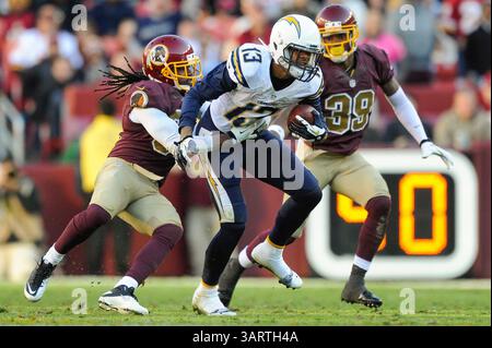3. NOVEMBER 2013 : Washington Redskins starke Sicherheit Brandon Meriweather (31) bekämpft San Diego Chargers Wide Receivers Keenan Allen (13) während des Matchups zwischen den San Diego Chargers und den Washington Redskins auf dem FedEx Field in Landover, MD. (Bild: © John Middlebrook/Cal Sport Media/ZUMAPRESS.com) Stockfoto