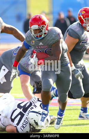 16. November 2013: Lawrence, Kansas, Vereinigte Staaten von Amerika – Kansas Jayhawks, der sich auf James Sims (29) zurücklässt, streitet in der zweiten Spielhälfte um die Yardage. Die Jayhawks besiegen die Mountaineers 31-19 im Memorial Stadium. (Bild: © Jacob Paulsen/ZUMAPRESS.com) Stockfoto