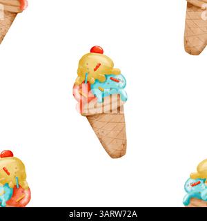 Dieses lustige und lebendige Eiskegelmuster ist perfekt für all Ihre sommerlichen Designs und Projekte. Handgezeichnetes nahtloses Aquarellmuster auf transparentem Hintergrund. Stockfoto