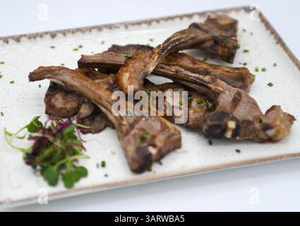 Gegrillte Lammrippchen mit frischen Kräutern und Gewürzen auf einem weißen Teller Stockfoto