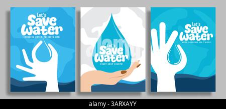 Clipart-Set mit Poster „Save Water“ (Wasser sparen). Lassen Sie uns Wasser Kampagne Clip Art Flyer mit Hand und Wassertropfen Zeichnung Banner Sammlung Vektor Illustration speichern. Stock Vektor