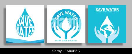 Clipart-Set mit Poster „Save Water“ (Wasser sparen). ClipArt der World Water Day-Kampagne mit Wassertropfen und Handzeichnungssymbol für Aufmerksamkeit und Kampagnenflyer-Sammlung Stock Vektor
