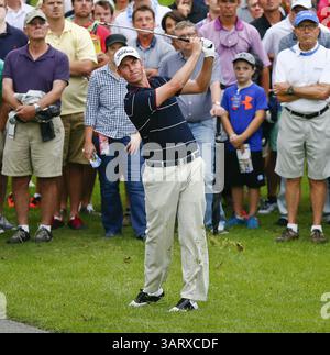 August 2013 - Greensboro, North Carolina, USA S - WEBB SIMPSON trifft in der zweiten Runde der Wyndham Championship 2013 im Sedgefield Country Club einen harten Schuss. (Kreditbild: © Wes Hight/ZUMAPRESS.com) Stockfoto