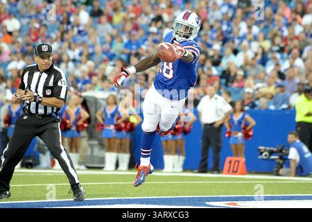 August 2013 - Orchard Park, New York, USA S - KEVIN ELLIOTT (18) der Buffalo Bills Wide Receiver schwebt durch die Endzone, um den Ball zurückzukippen, um die Minnesota Vikings nach einem zweiten Viertelschuss im Ralph Wilson Stadium in Orchard Park, NY, anzustecken. Buffalo besiegte Minnesota mit 20:16. (Bild: © Michael Johnson/ZUMAPRESS.com) Stockfoto