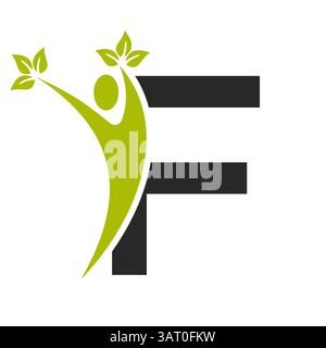 Letter F Healthcare Logo Konzept mit Mensch und Blatt Symbol für Bio Zeichen Stock Vektor