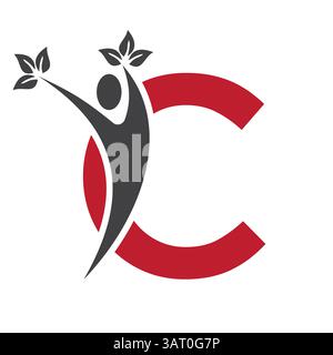 Letter C Healthcare Logo Konzept mit Mensch und Blatt Symbol für Bio Zeichen Stock Vektor