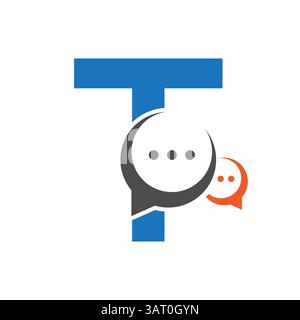 Erstes Kommunikationslogo auf Buchstabe T mit Chat-Symbol Stock Vektor