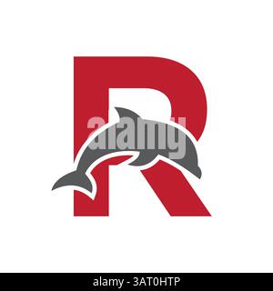 Ursprüngliches Design-Konzept mit dem Monogramm-Buchstaben R und dem Dolphin-Logo mit Whale-Symbol Stock Vektor