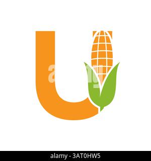 Logo-Design für Landwirtschaft auf Buchstabe U mit Maissymbol für Farm-Logo-Vorlage Stock Vektor