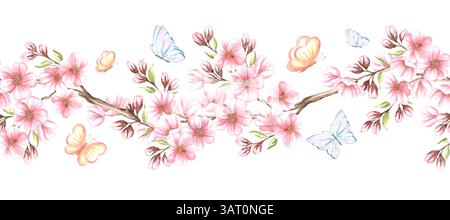 Zweig von Mandelblumen und Schmetterlingen nahtlose Aquarellrandung. Handgezeichneter horizontaler Rahmen aus rosa Sakura oder Kirschblüte. Floral isoliert Stockfoto