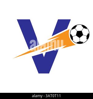Fußball-Logo mit Anfangsbuchstabe V und Geschwindigkeitssymbol. Fußball-Logo für Academy und Club-Schild Stock Vektor