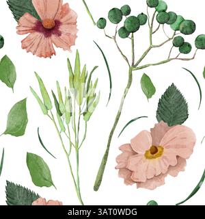 Nahtloses Blumenmuster mit rosa Aquarellblumen, grünen Blättern, Zweigen und Gras. Handgezeichnete digitale Illustration mit weichen Texturen. Perfekt für Stockfoto