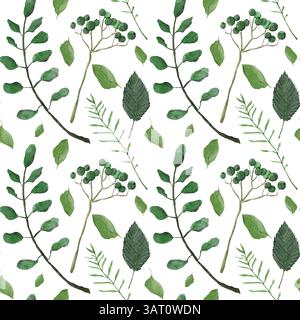 Nahtloses Blumenmuster mit rosa Aquarellblumen, grünen Blättern, Zweigen und Gras. Handgezeichnete digitale Illustration mit weichen Texturen. Perfekt für Stockfoto