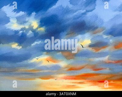 Bewölkter Himmel am Abend Sonnenuntergang Aquarellhintergrund Stockfoto