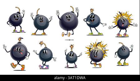 Groovige Bombenfiguren von runden schwarzen Bumm-Emojis mit brennenden Dochten und Funken. Vektor-psychedelische groovige Bomben oder explodierende Granatfiguren Stock Vektor