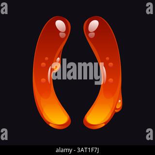 Leckere Honigschrift, braunes Alphabet 3 drei Satzklammern. Gelbes Karamell-Zeichensatz, schmackhaftes Bonbon-Schriftzeichen. Flüssighonig-Fontäne, A Stock Vektor