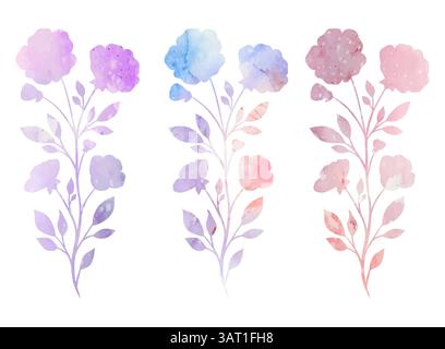 Vektor-Satz der sanften Aquarellfloralen Silhouette. Sammlung von Wildblumen in rosa, violett und blauen Farben. Bunte blühende Blumen Clip Arts für Stock Vektor