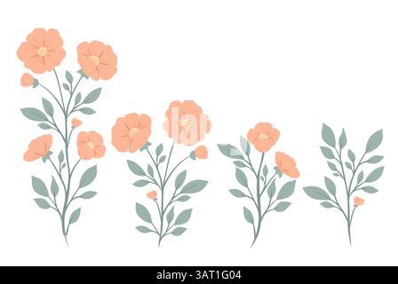 Vektorsatz von sanften Blumen. Sammlung femininer Wildblumen-Clips in Pastellfarben. Blühendes Blumenarrangement für Aufkleber Stock Vektor