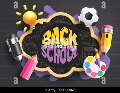 Back to School Gruß Clipart Template Design. Text-Clip-Art für die Grußworte in der Schule im schwarzen Wolkenraum und im Hintergrund mit Rasterlinien mit 3D-Lehrmaterial Stock Vektor