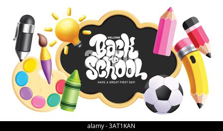 Clipart-Set für Schulelemente. Back-to-School Text-Clip-Art in wolkengelber Umrandung der Tafel mit farbenfrohen Lernelementen in weiß Stock Vektor