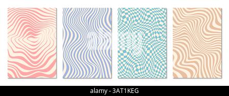 Retro-psychedelisch-groovige Muster-Hintergrund. Vektorsatz mit gewellten und verzerrten Texturen. Flüssige optische Täuschungen und verzerrte Checks in Stock Vektor
