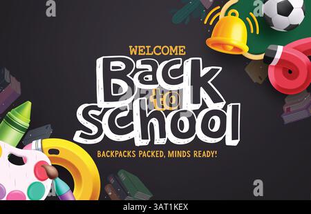 Willkommen zurück in die Schule Gruß Clipart Border Design. Zurück zur Schule Text in schwarzem Rahmen Hintergrund Clip-Art mit pädagogischen Elementen für den Unterricht Stock Vektor