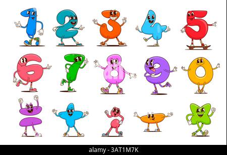 Mathe-Zahlen-Groovy-Charaktere, Vektor-lustige Kinder Mathematik und Bildung Persönlichkeiten. Zeichentricksymbole und Ziffern im Retro-Stil mit fröhlichen, lächelnden Gesichtern. Stock Vektor