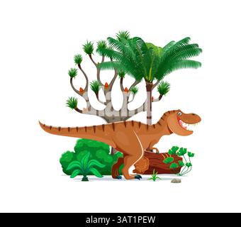 Tyrannosaurus prähistorischer Dinosauriercharakter in üppigen Wäldern mit einem Baum, Felsen und Farnen. Isolierter Karikaturvektor antike Spitzenräuber Stock Vektor