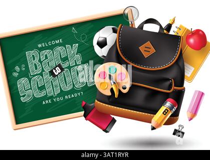 Clipart-Set für Schulelemente. Grußtext für die Schulzeit in Green Board Clip Art mit realistischen Lernelementen wie Rucksack, Aquarell Stock Vektor