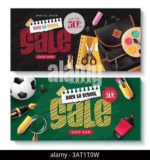 Back to School Sale Clipart Banner Set Design. 50 % Rabatt für Schulpädagogik ClipArt auf schwarzem und grünem Tafel-Hintergrund Stock Vektor