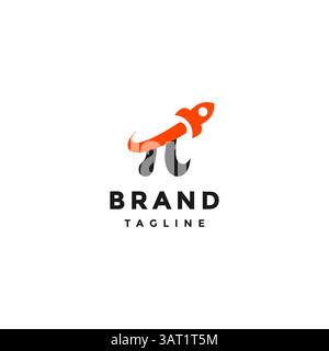 Fun Rocket Pi Symbol Logo Design. Pi-Symbol mit einer Rakete, die über ihm vorbeigeht, Logo-Design. Stock Vektor