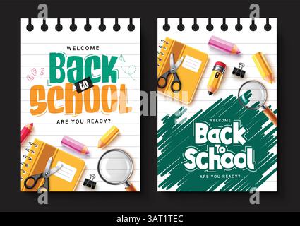 Begrüßungs-Clipart-Set für die Begrüßung zurück in die Schule. Schulgrüßungstext in Notizbuch-Papierraum abstrakte Hintergrund-Clip-Art-Sammlung Stock Vektor