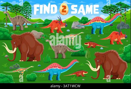 Finde zwei prähistorische Dinosaurier, Spieltabelle für Kinder. Brettspiel-Rätsel mit Dino und Mammuts in lebendiger Landschaft. Unterhaltsame lehrreiche Aktivitäten für Chil Stock Vektor