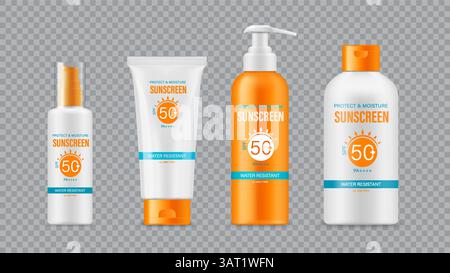 Sonnenschutzmittel Kosmetikprodukte 3D Vektor Verpackung Mockups. Set realistischer Produktflaschen mit lsf 50 plus und wasserabweisenden Cremeetiketten. Pumpe, Quadratfuß Stock Vektor