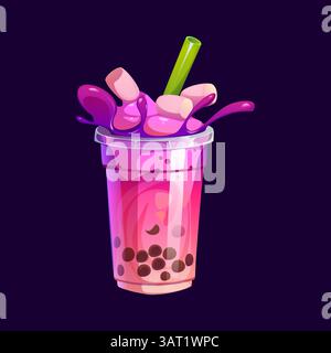 Zeichentrickfilm Milchblase Teeglas. Vektor lebhaftes lila und rosa Getränk mit Tapioka boba Perlen in einem transparenten Plastikbecher, gekrönt mit einem grünen Strohhalm, Stock Vektor