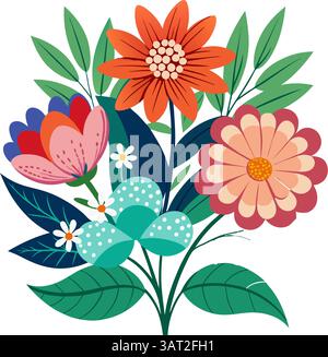 Verspielte Blumen-Illustration – helle bunte Blumen und Blätter im flachen Stil für Kinderdekor, Schreibwaren und Frühlingsdesigns Stockfoto