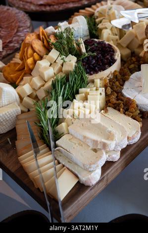 Gourmet-Käsebrett mit Crackern, getrockneten Früchten und frischem Kräuter Stockfoto