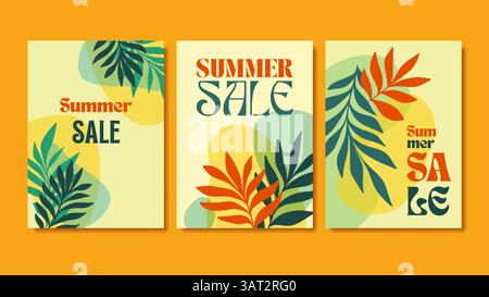 Poster oder Banner zum Sommerangebot, warme Orange und grüne tropische Blätter, Fettdruckgrafie. Helle, Stilvolle Werbedesign-Vorlagen, Moderner Minimalismus Stock Vektor