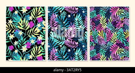 Tropische Bold Florals Moderne Sommer Poster Design Blätter Silhouetten für Party Hintergrund Vektor Set für Papier, Abdeckung, Stoff, Innenausdruck Dekor Stock Vektor