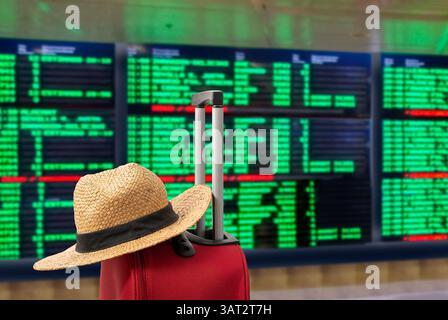 Für Reise- und Urlaubszwecke, ein Koffer in roter Farbe Flugabflüge zeigt Hintergrund mit einem Strohhut. Stockfoto